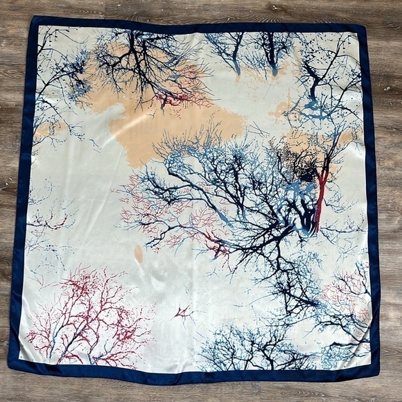 Corciova Abstract Womens Satin Scarf Trees Blue Pink Coral Cream Square - Picture 2 of 12